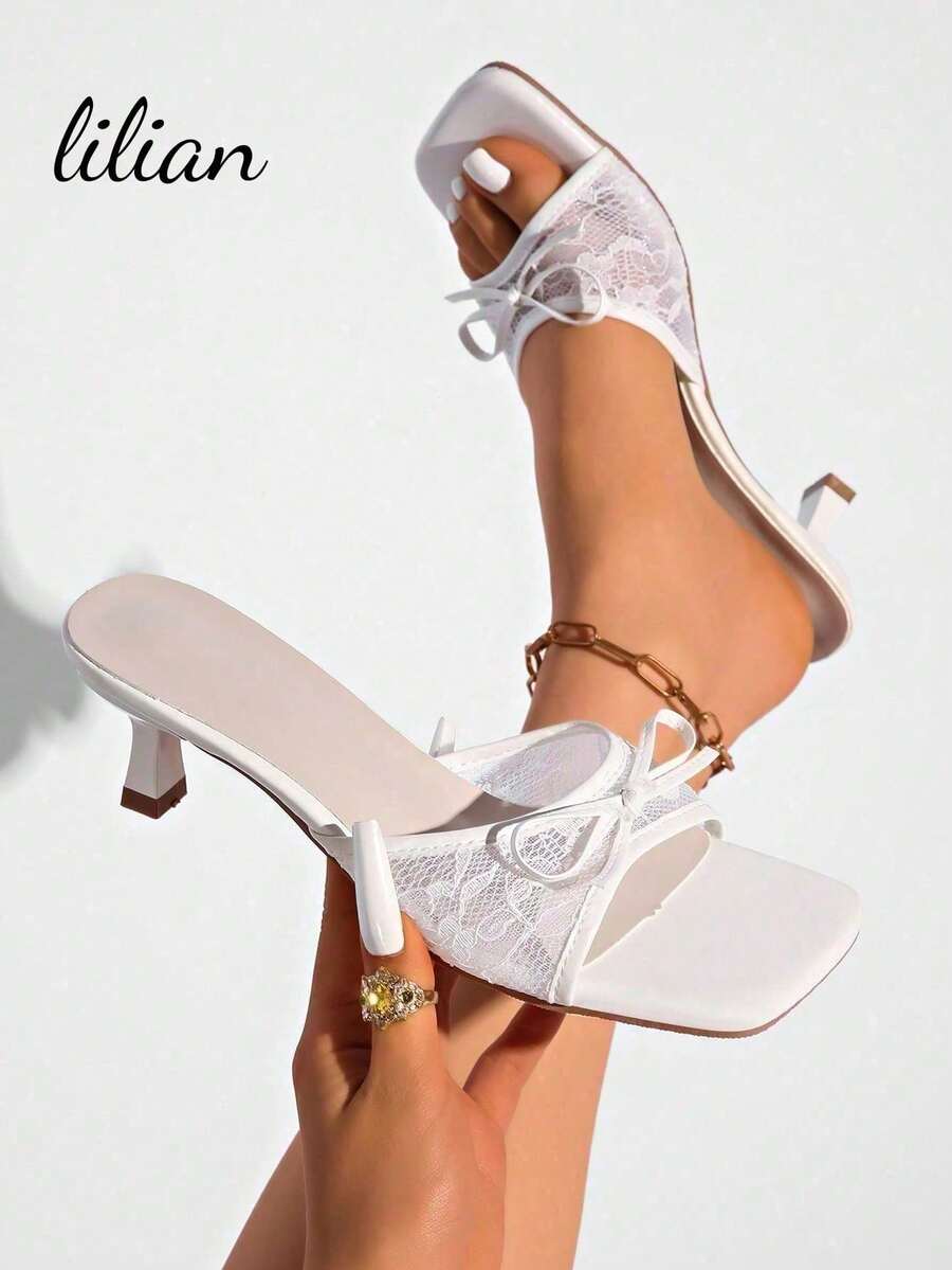Women's White Mesh High Heel Sandals With Bow Decor, Spring/Summer New Arrival, Minimalist Elegant Style, Fashionable Sexy High Heels Suitable For Daily Office Commute, Banquet And Party Wear