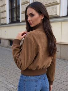 Jaket Penerbangan Wanita Gaya Eropa dan Amerika Minimalis Bergaris Kerah Tegak Mellowy Autumn Terbaru - Khaki - View 2
