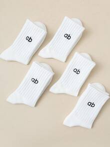 Women's Mid-Calf Socks, 1/5/10/20 Pairs, Black And White Letter Pattern Design. These Socks Are Made Of Durable, Moisture-Wicking Sports Style Long Socks, Which Can Meet Daily Wear Needs And Cope With Humid Weather In Spring And Summer, Making Them Versatile Fashion Items Suitable For Various Occasions. - Multicolor - View 4