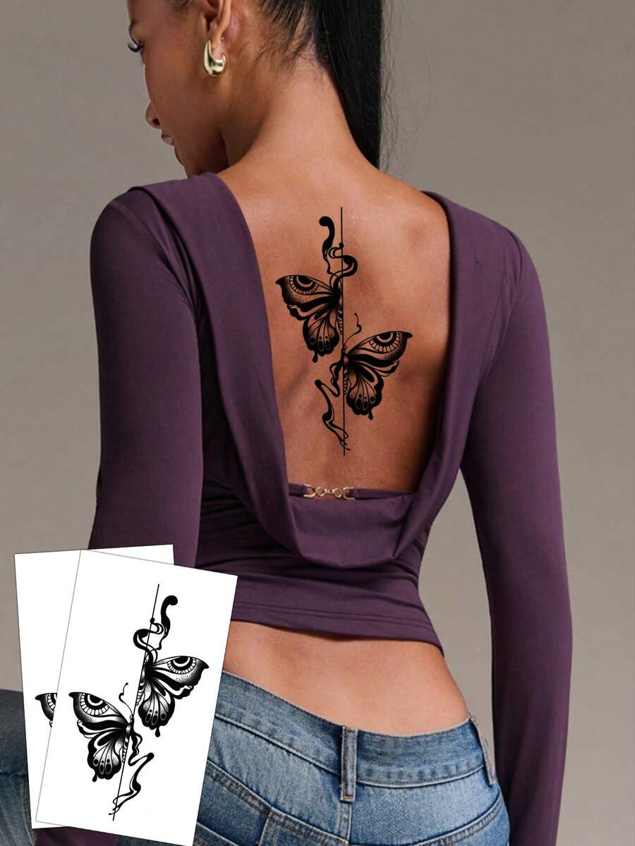 2pcs Y2K Style Tattoo Stickers, Black Butterfly Pattern, Floral Print, Disposable Fake Tattoos, Gothic Scroll Temporary Tattoo Stickers, Waterproof And Sweat-Proof, Washable, Non-Reflective, Simulates Tattoo Effect On Arms, Legs, Shoulders, Chest, Back, Suitable For Fashion-Forward People, Lasts 3 To 5 Days - Black - View 1