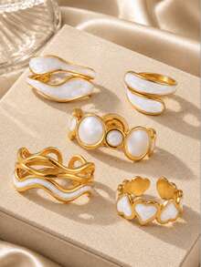 5pcs Women's Gold & White Pearl Ring Set, Heart, Round, Wave & Asymmetrical Geometric Open Rings, Luxury Vintage Versatile Jewelry, Suitable For Daily Commute, Date, Party & Holiday Gift - Gold - View 2