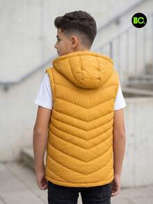 Big City Chaleco acolchado juvenil con capucha, cierre completo y bolsillos laterales. Prenda ligera, cómoda y abrigadora para uso diario, escuela, paseos, otoño e invierno casual y urbano. - Amarillo Mostaza - Ver 2