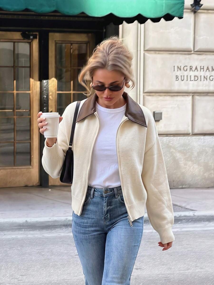 Elegant Women's Full Zip Bomber Cardigan Long Sleeve Regular Length With Contrast Lapel And Rib-Knit Details For Fall/Winter - Apricot - View 1