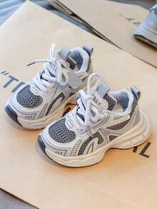 Spring/Autumn New Kids' Chunky Sneakers, Mesh Breathable Colorblock Thick Sole Non-Slip Casual Sports Running Shoes For Boys And Girls - Grey - View 1