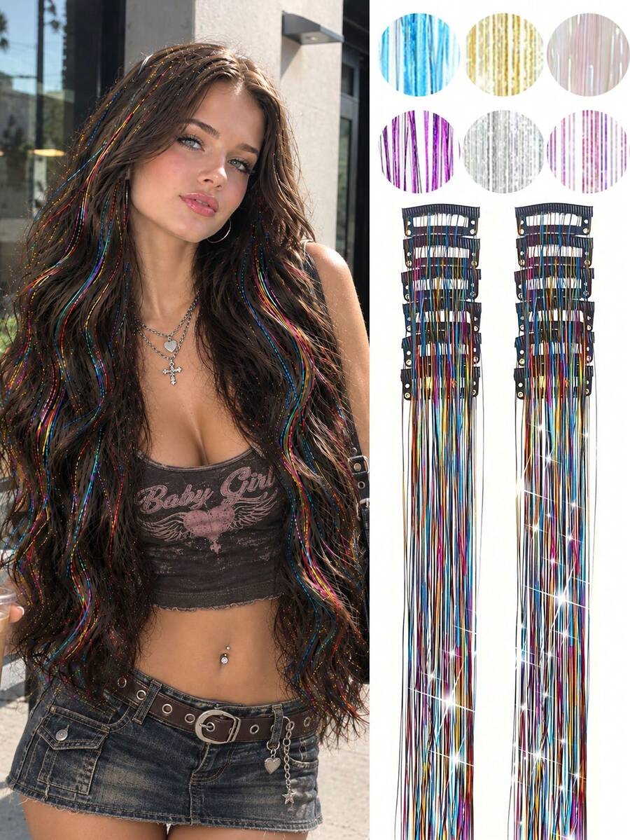 12-Piece Set Of Sparkling Clip-On Hair Extensions, 16-Inch Colorful And Stylish Hair Accessories, Perfect For Women's Holidays, Parties, And Chic Look - Multicolor - View 1