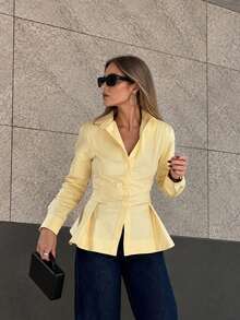 Women Fall Fashion Elegant Casual Yellow Collared Long Sleeve Shirt For Office Work Going Out Daily - Yellow - View 2
