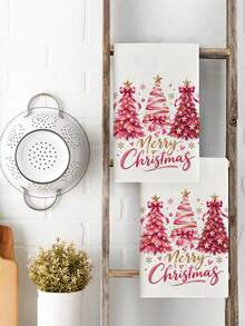 2pcs Pink Christmas Tree Printed Kitchen Towels, Polyester Hand Towels With Christmas Pattern, Super Soft Woven Dishcloths, Machine Washable, Ideal For Restaurant, Kitchen, Christmas Holiday Decoration And Gifting - Multicolor - View 4