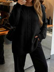 Plus Size Women's Simple Versatile Cable Knit Long Sleeve Sweater - Black - View 6