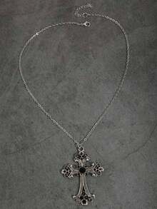 Vintage Gothic Style Rhinestone Cross Pendant Necklace For Men - Black - View 4