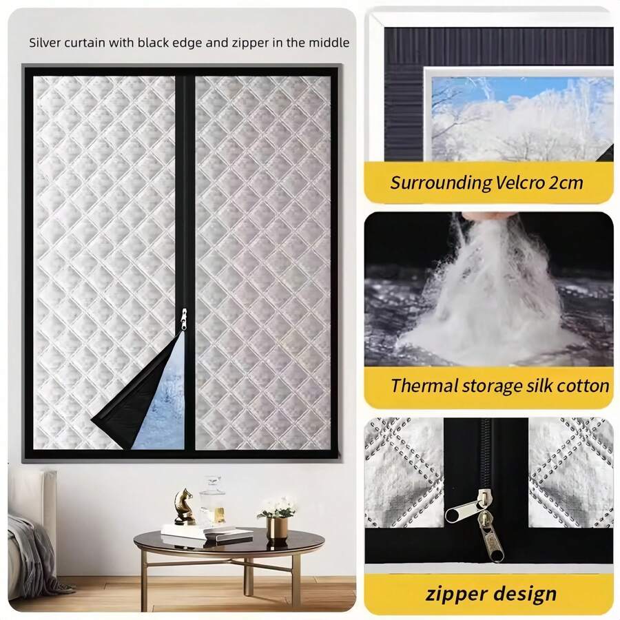 Black Trim Zipper Thermal Curtains | Winter Window Windproof & Heat Retention, Blocks Cold Air - Silver Curtain With Black Trim and Zipper - View 1
