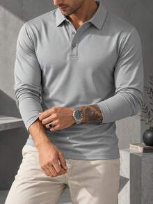 Men's Spring/Autumn 5-Pack Long Sleeve Polo Shirts, Solid Color Turn-Down Collar Multi-Button Tops, Casual Everyday Versatile Multi-Color Combination Set - Multicolor - View 3