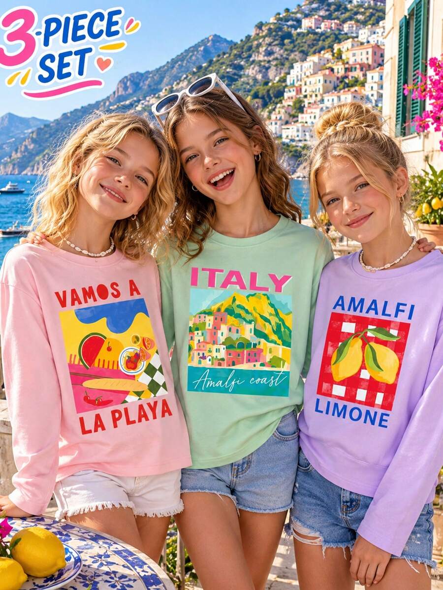 Tween Girl 3pcs Casual Long Sleeve T-Shirts, Suitable For Tween Girl' Autumn/Winter Tops, Young Student Children's Clothing, Suitable For Outerwear And Layering - Multicolor - View 1