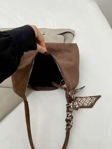 Fashionable Retro Solid Color Crescent-Shaped One Shoulder Bohemian Bag With Scarf Decoration, Suitable For Women's Shopping, Dating, Gifting And Daily Use - Coffee - View 6