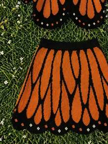 Women's Textured Butterfly‑Wing Design Cropped Cardigan With Scallop Skirt Set, Button‑Front Placket - Orange - View 4