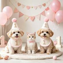 Pet 1st Birthday Party Hat, Linen Cone Hat With Pink Pom Pom And Glitter Number 1, Soft Adjustable Party Costume Photo Prop, Suitable For Small Dogs, Cats, Puppies, Kittens First Birthday Celebration - Multiple Styles - View 1