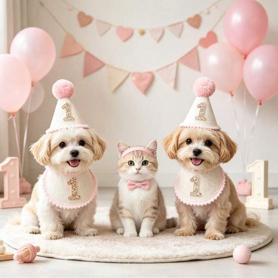 Pet 1st Birthday Party Hat, Linen Cone Hat With Pink Pom Pom And Glitter Number 1, Soft Adjustable Party Costume Photo Prop, Suitable For Small Dogs, Cats, Puppies, Kittens First Birthday Celebration - Multiple Styles - View 1