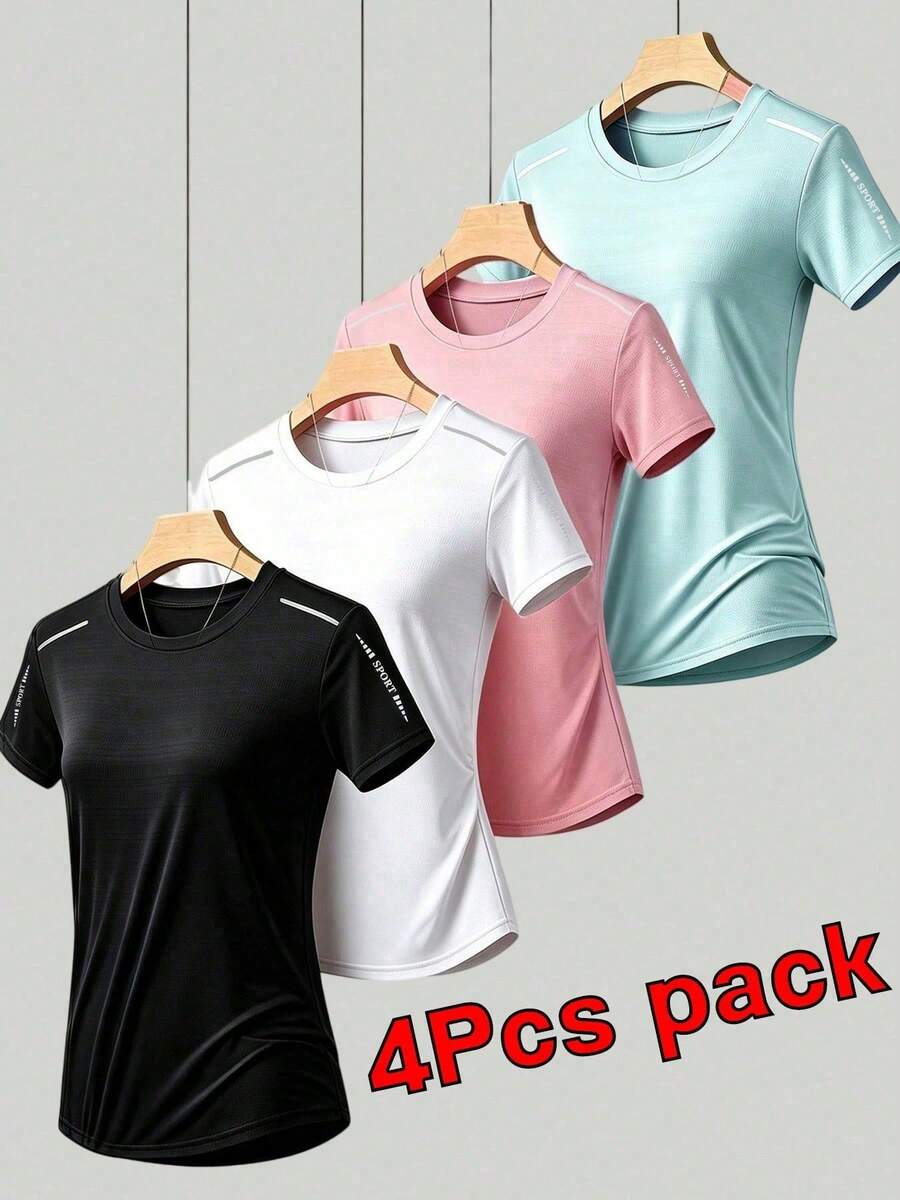 4pcs Women's Round Neck Quick-Dry Short Sleeve T-Shirts, Can Be Worn As Inner Layer Or Outerwear, Summer Style - Multicolor - View 1