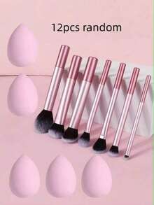 12pcs Multi-Function Makeup Brush Set, Includes Powder Brush, Blush Brush, Foundation Brush, Eyeshadow Brush, Contour Brush, Angled Brush, Round Head Brush And White Powder Puff - Pink - View 10
