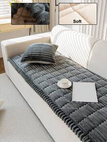 1pc Quilted Plush Sofa Cover, Solid Color Nordic Style Thickened 3D Design Fluffy Sofa Slipcover For Winter, Anti-Slip & Anti-Scratch Couch Cover For Living Room Bedroom Study,1/2/3/4 Seater Sofa With Armrest & Backrest - Dark Grey - View 1