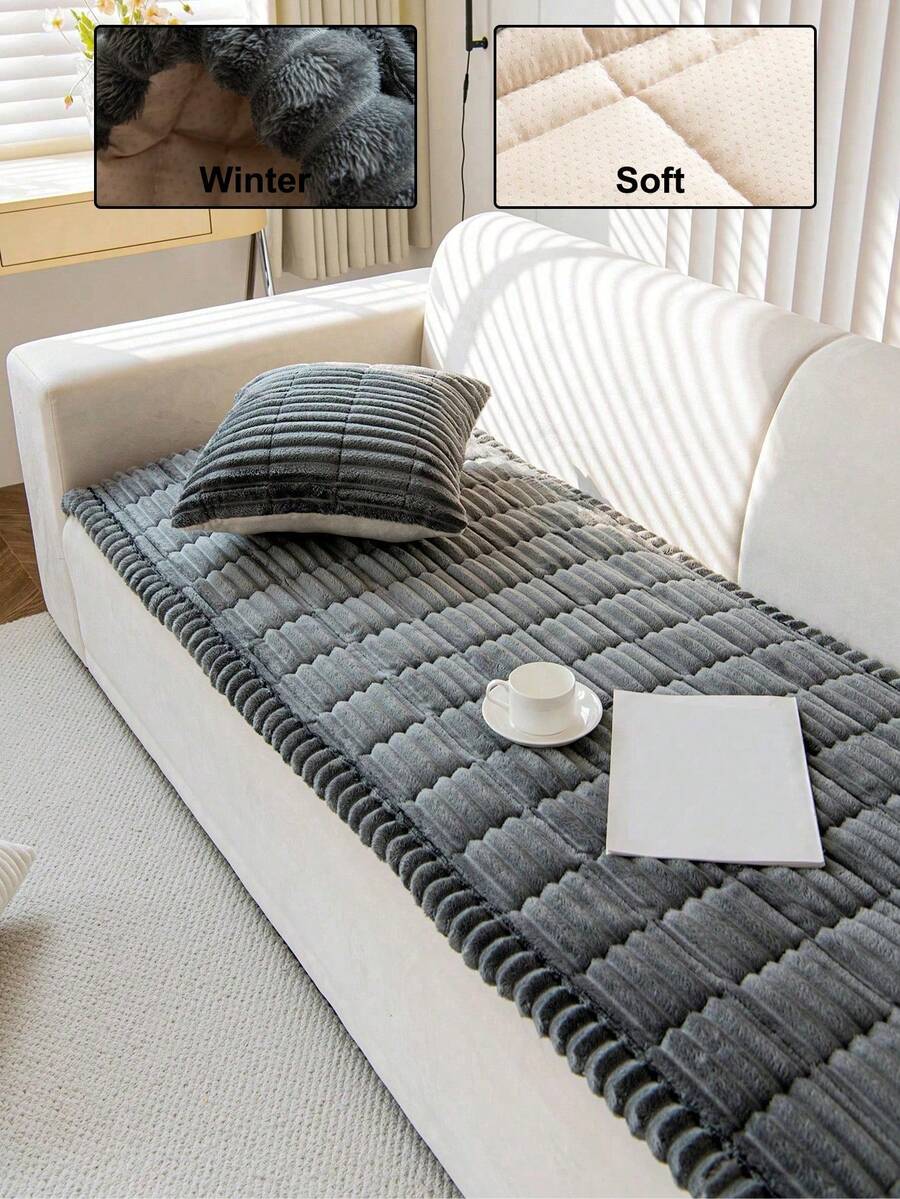1pc Quilted Plush Sofa Cover, Solid Color Nordic Style Thickened 3D Design Fluffy Sofa Slipcover For Winter, Anti-Slip & Anti-Scratch Couch Cover For Living Room Bedroom Study,1/2/3/4 Seater Sofa With Armrest & Backrest - Dark Grey - View 1