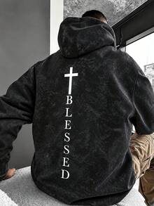 Men's Black Washed Distressed Hoodie, Vertical Cross BLESSED Minimalist Faith Loose Fit Sweatshirt - Black - View 2