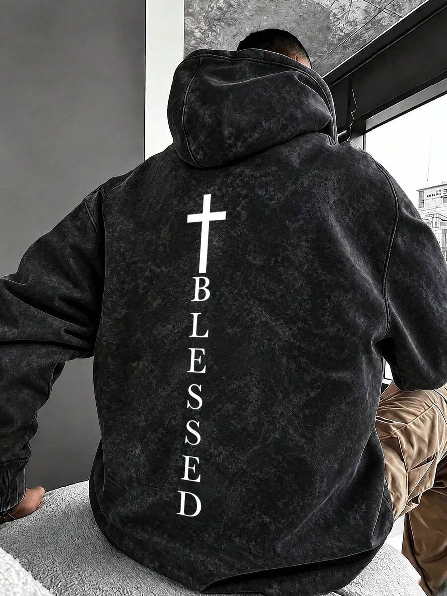 Men's Black Washed Distressed Hoodie, Vertical Cross BLESSED Minimalist Faith Loose Fit Sweatshirt - Black - View 1