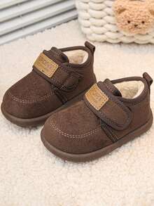 Kids Boys & Girls Matte Textured Upper Shoes With Faux Plush Lining & Hook And Loop Strap - Soft Sole Winter Casual Shoes Non-Slip - Brown - View 1