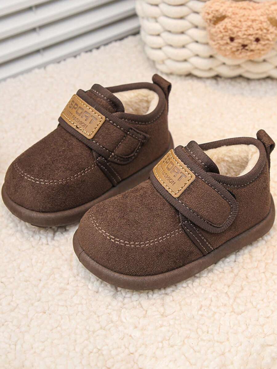 Kids Boys & Girls Matte Textured Upper Shoes With Faux Plush Lining & Hook And Loop Strap - Soft Sole Winter Casual Shoes Non-Slip - Brown - View 1