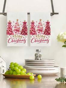2pcs Pink Christmas Tree Printed Kitchen Towels, Polyester Hand Towels With Christmas Pattern, Super Soft Woven Dishcloths, Machine Washable, Ideal For Restaurant, Kitchen, Christmas Holiday Decoration And Gifting - Multicolor - View 2