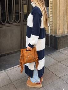 Live To Mo Women's Color Block Striped Hollow Out Long Knit Cardigan, Lantern Sleeve Long Sweater Jacket, Suitable For Autumn Back To School, Daily Casual Outings - Blue and White Stripes - View 11