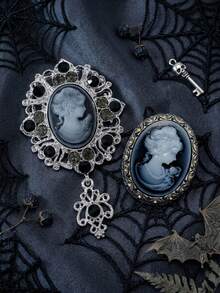 2PCS Gothic Victorian Cameo Brooch Pin Silver Filigree Black Rhinestone Pendant Dark Academia Whimsigoth Jewelry For Women - Black - View 5