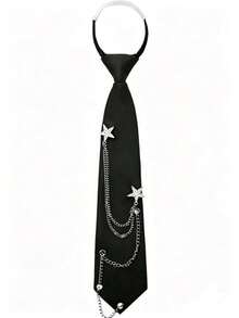 1pc Unisex Punk Metal Chain Pre-Tied Adjustable Black Tie, Suitable For Uniform, School, Shirt Accessory, Christmas And Thanksgiving Gift - Black - View 1