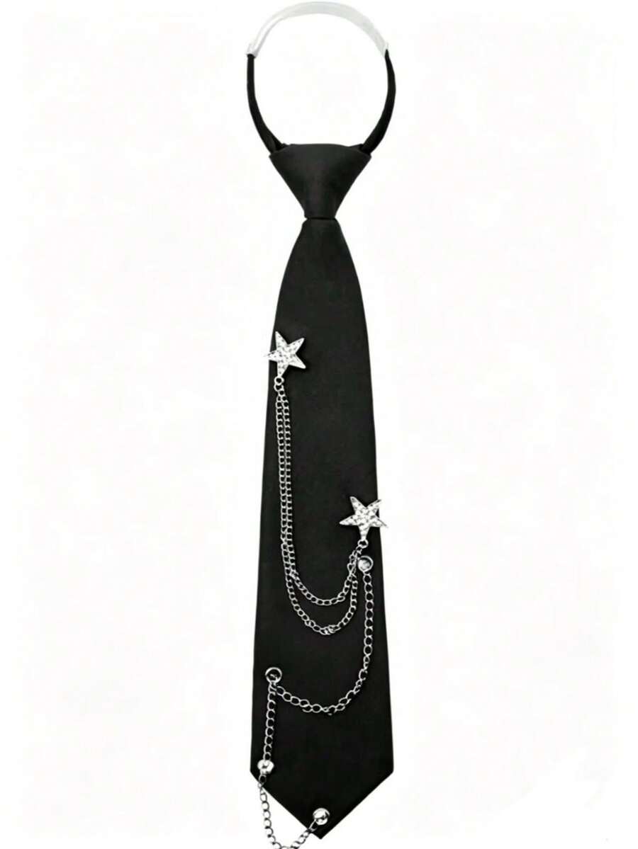 1pc Unisex Punk Metal Chain Pre-Tied Adjustable Black Tie, Suitable For Uniform, School, Shirt Accessory, Christmas And Thanksgiving Gift - Black - View 1