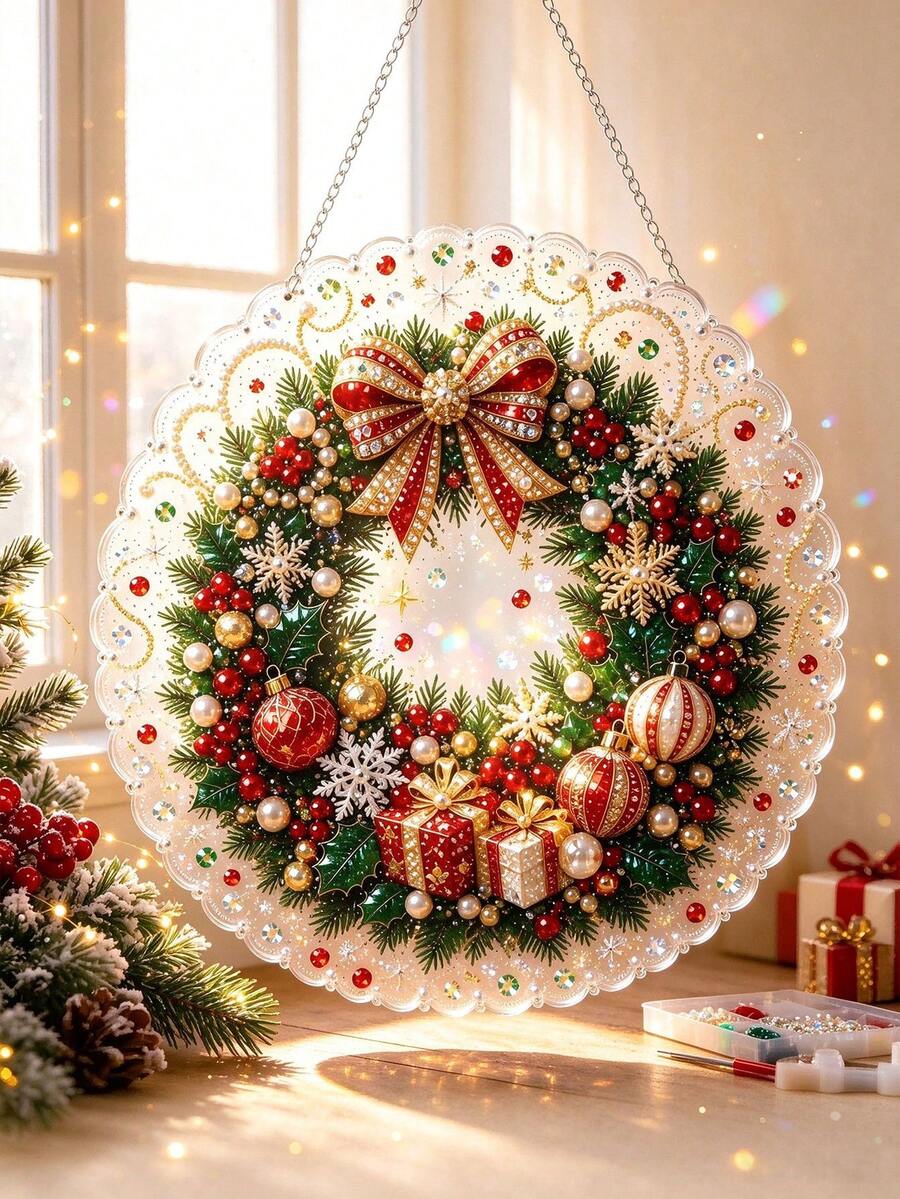 1 Set Christmas Pearl Diamond Painting Suncatcher Kit, 8 Inch, Pre-Assembled Metal Chain, Acrylic Disc With Lace Edge, 3D Mixed Size Pearl Beads, Holiday Window Wall Decor - Sets - View 1