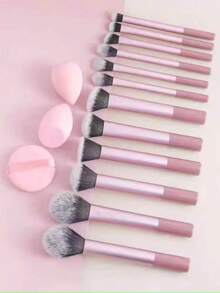12pcs Multi-Function Makeup Brush Set, Includes Powder Brush, Blush Brush, Foundation Brush, Eyeshadow Brush, Contour Brush, Angled Brush, Round Head Brush And White Powder Puff - Pink - View 4
