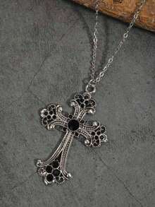 Vintage Gothic Style Rhinestone Cross Pendant Necklace For Men - Black - View 2