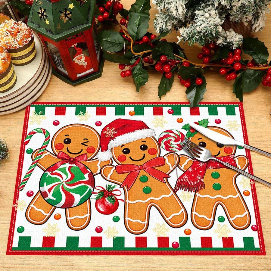 1/4/6pcs Set Gingerbread Candy Cane Christmas Placemats, Seasonal Table Mats For Party Kitchen Dining Decor - Multicolor - View 1