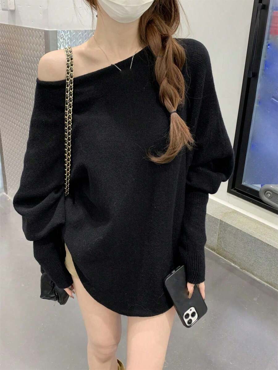 Áo len dệt kim Andy fleece dáng rộng trễ vai tay cánh dơi cho nữ, lớp mặc trong, phong cách Hàn Quốc, thu/đông - màu đen - Xem 1