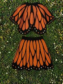 Women's Textured Butterfly‑Wing Design Cropped Cardigan With Scallop Skirt Set, Button‑Front Placket - Orange - View 3