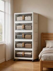 Foldable Storage Cabinet With Wheels, Vertical Transparent Door Stackable Organizer Unit, Multi-Layer Plastic Storage Drawers, Suitable For Closet, Living Room, Bathroom, Multi-Functional Household Storage Rack - View 5
