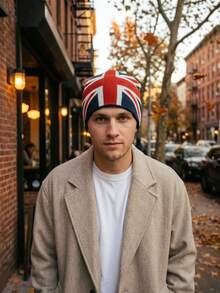 2/1pc Unisex Union Jack Flag Jacquard Knitted Beanie Hat,Classic Street Style Winter Cap For Men&Women,For Daily Wear,Gift,Travel,Autumn/Winter - Flag Design - View 4