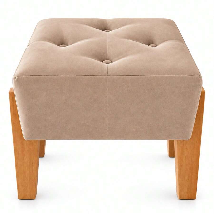 Puff Nobre 33x33cm em Suede com Pés de Madeira e Assento Acolchoado para Sala, Quarto e Closet - LANÇAMENTO - Cores - Bege - Visão 1