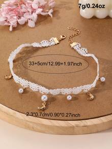 NAIZHU 1/2 buah Kalung Liontin Mutiara Bulan Bintang Renda Manis untuk Anak Perempuan, Cocok untuk Pemakaian Sehari-hari, Pesta, dan Liburan - Putih - View 7