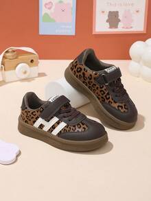 Fashion Leopard Print Patchwork Kids' Sports Shoes, Non-Slip Soft Sole, Hook And Loop Closure, Boys' And Girls' School Shoes, Comfortable Daily Walking And Training Shoes - Brown - View 4