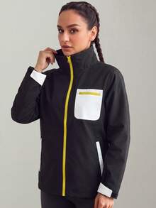 Women's Colorblock Spring/Autumn/Winter Softshell Jacket, Windproof Waterproof Breathable Long Sleeve Outdoor Sports Running Cycling Hiking Casual Zip-Up Jacket - Black and White - View 5