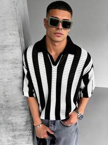 WAIT HIM Men's Casual Striped Short Sleeve Knit Top - Black and White - View 1