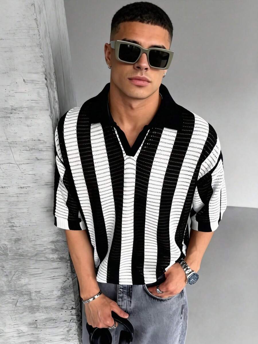 WAIT HIM Men's Casual Striped Short Sleeve Knit Top - Black and White - View 1