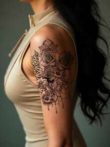1pc Rose Chain Temporary Tattoo Sticker, Floral & Chain Print Pattern, Suitable For Women's Legs, Back, Waist, Arms, Waterproof & Sweat-Resistant, Cool Tattoo Sticker, Looks Very Realistic, Easy To Apply And Remove, Wedding, Music Festival, Party Supplies - Black - View 3