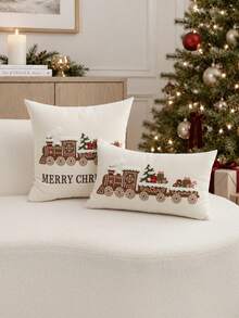 1pc Christmas Train Embroidered Pillow Case, MERRY CHRISTMAS Pillow Cover, Suitable For Indoor Decoration, Christmas Decoration, All-Season Pillow Case, Without Insert - Multicolor - View 2