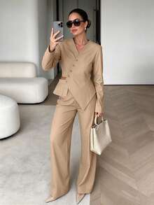 2pcs Solid Color Elegant Casual Pocket Button Women's Two Pieces Set For Office And Daily Wear, Autumn - Khaki - View 1